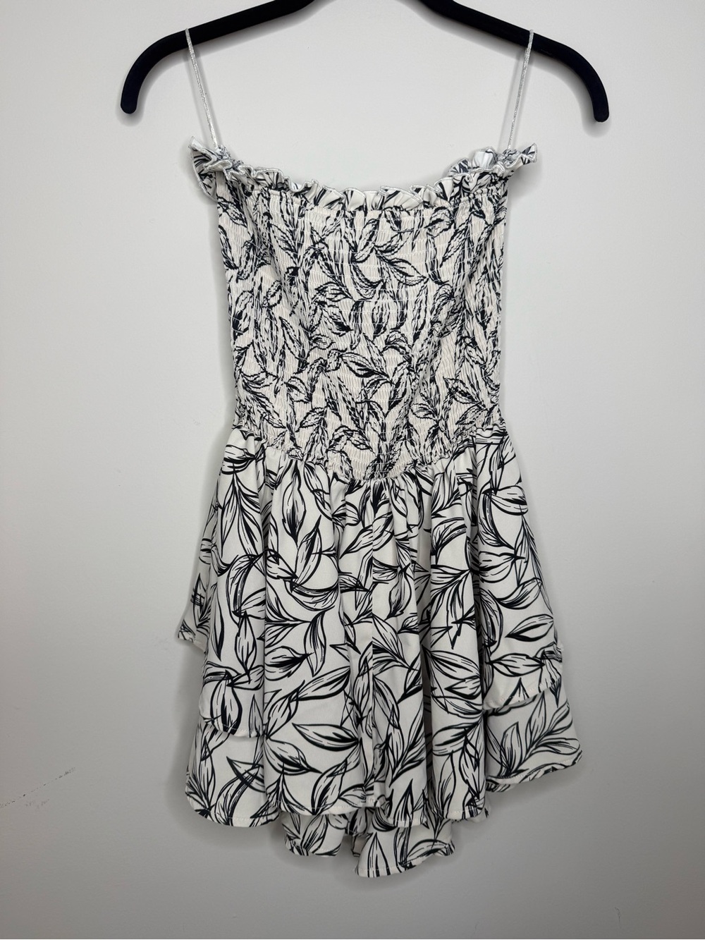 Smocked Leaf-Print White & Black Romper